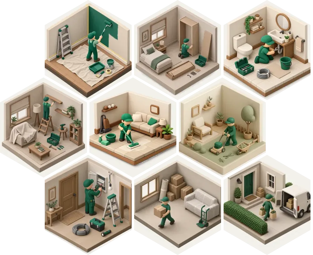 Nine tasks under way in miniature rooms: painting, flat-pack assembly, plumbing, repairs, cleaning, gardening, electrics, a house move and a delivery.
