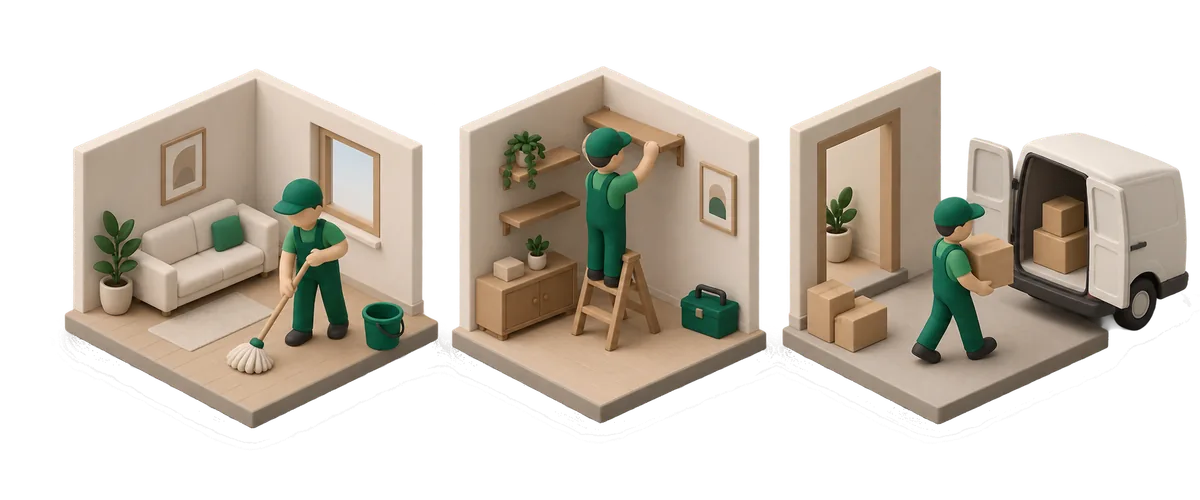 Three jobs under way: a floor being mopped, a shelf being fitted and a delivery being carried out to a van